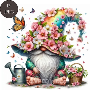 May include: A colourful illustration of a garden gnome. The gnome's hat is rainbow-hued and decorated with pink and white flowers. Butterflies surround the gnome, a watering can, and a basket of flowers. The image includes the text "12 JPEG".