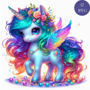 Licorne perlée arc-en-ciel, licorne féerique 12 Jpeg, licorne colorée, lot de cliparts licorne bébé mignon, impressions numériques à usage commercial