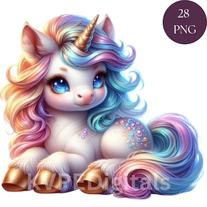 Lindo paquete de imágenes prediseñadas de unicornio bebé de acuarela Chibi, 28 PNG imprimibles digitales, ilustraciones de fantasía, gráficos de alta calidad de 300 dpi