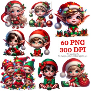 Kerstelfen clipart, 60 Santa's Helper png-bundel, leuke vakantie printables, advent digitaal wanddecor, instant download, commercieel gebruik