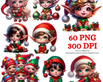 Christmas Elves Clipart, 60 Santa's Helper PNG Bundle, Cute Holiday Printables, Advent Digital Wall Decor, Instant Download, Commercial Use