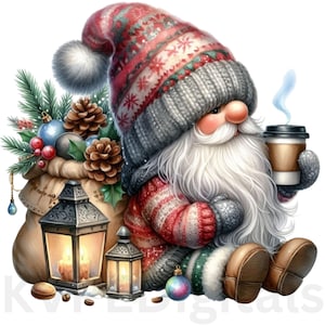 Gnomos navideños de invierno para amantes del café, 16 PNG imprimibles navideños, decoración de arte mural digital, conjunto de descarga instantánea, uso comercial