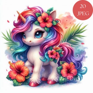 Tropical Sunset Unicorn Clipart Bundle, 20 Jpeg Digital Printables Spring Summer Graphics, Cute Colorful Floral Unicorn Illustrations Prints