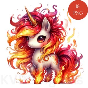 May include: A white unicorn with a golden horn and a mane and tail of red and yellow flames. The unicorn is standing on its hind legs with its front legs raised in the air.