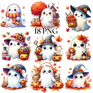 Akwarela Halloween Duch Uroczy Clipart Bundle, 18 PNG Jesienny Cukierek albo psikus Świąteczne Grafiki, Jesienne Sezonowe Ilustracje, Użytek Komercyjny