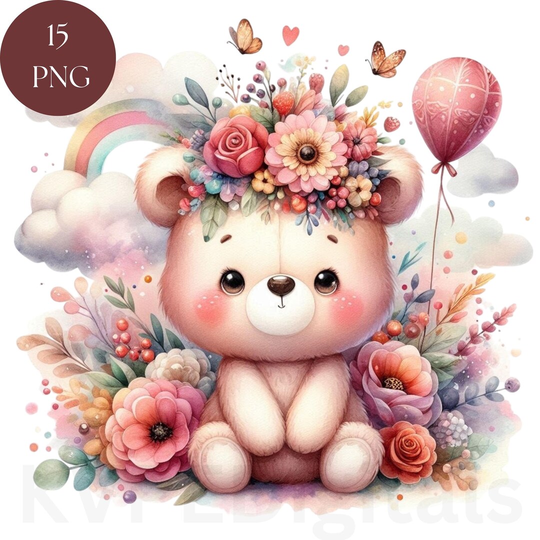 Floral Teddy Bear Spring Flowers Watercolor Clipart Bubdle, 15 PNG Cute ...