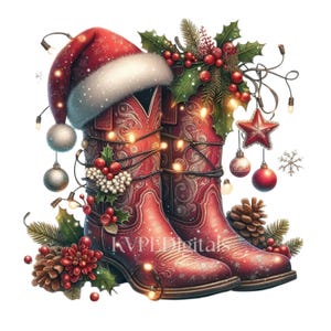 May include: Red cowboy boots with intricate floral designs, adorned with a Santa hat, Christmas lights, ornaments, and holly. A festive holiday illustration with a country western theme.