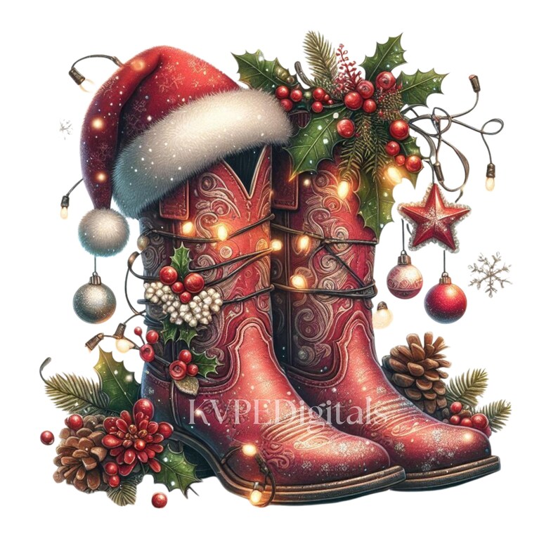 May include: Red cowboy boots with intricate floral designs, adorned with a Santa hat, Christmas lights, ornaments, and holly. A festive holiday illustration with a country western theme.