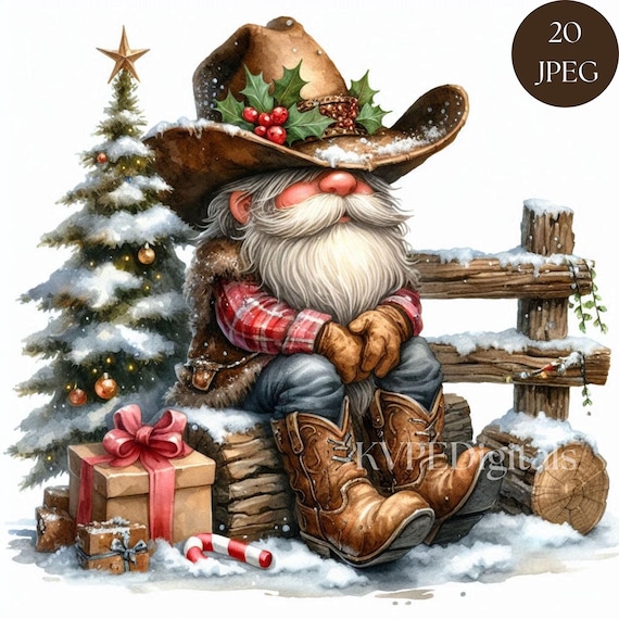 Rustic Christmas Cowboy Gnome Clipart, 20 Jpeg Western Holiday Country Gnome, Farmhouse Gnome in Cowboy Boots & Hat, Commercial Use Digitals