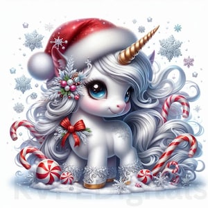 Clipart z laską cukrową i jednorożcami, 18 JPEGs Christmas Peppermints, zestaw świątecznych materiałów do druku, natychmiastowe pobieranie cyfrowej dekoracji ściennej, zastosowanie komercyjne