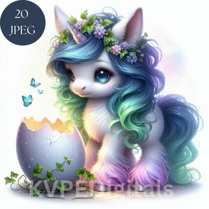 Paquete de imágenes prediseñadas de acuarela de unicornio bebé de fantasía mágica con sorpresa de huevo de Pascua, 20 impresiones de arte de pared digital jpeg, álbumes de recortes