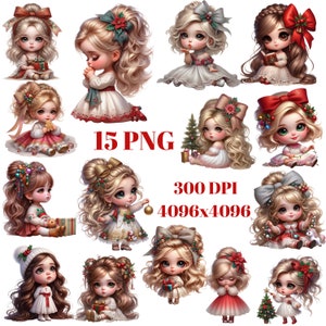 Imágenes prediseñadas de villancicos navideños de chicas chibi, 15 PNG imprimibles, descarga instantánea, decoración de pared digital de Adviento, uso comercial