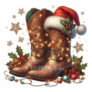 May include: A festive illustration features a pair of brown cowboy boots adorned with intricate patterns and wrapped in string lights. A Santa hat with holly and berries rests on one boot. Decorative snowflakes and ornaments complete the holiday theme.