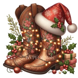 May include: Brown cowboy boots with floral accents and a string of lights, paired with a red Santa hat adorned with snowflakes and holly. Festive holiday decor with gift boxes and ornaments.