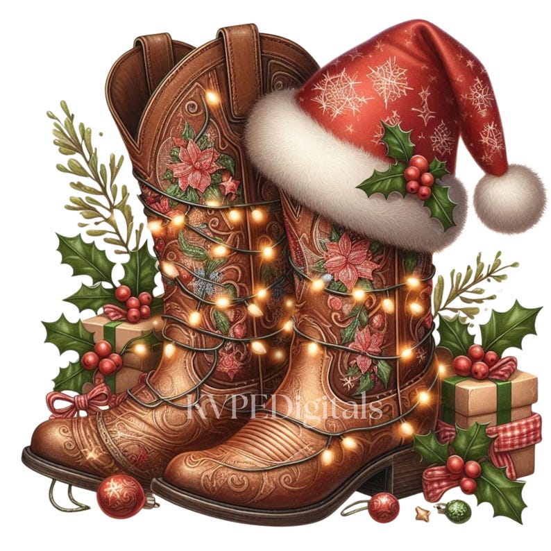 May include: Brown cowboy boots with floral accents and a string of lights, paired with a red Santa hat adorned with snowflakes and holly. Festive holiday decor with gift boxes and ornaments.