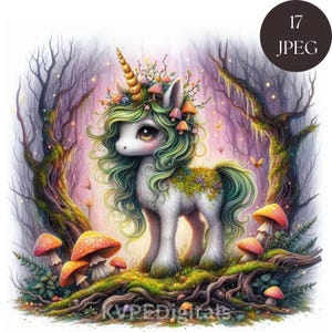 Licorne gardien champignon, 17 Jpeg forêt d'automne enchantée Clipart Bundle, illustration fantastique de champignon vénéneux mystique, graphiques de saison d'automne