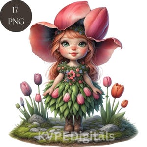 Lente tulpen kabouter, 17 png bloemenmeisje kabouter clipart bundel, lente tuin scène, kleurrijke bloem kabouters, commercieel gebruik digitale kunst