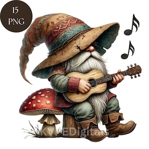 Rustieke gitaarkabouter-clipart | Gezellige herfstmuziek Kabouter 15 png | Illustratie volksmuziekkabouter | Digitale downloadafbeeldingen Boho Forest Gnome