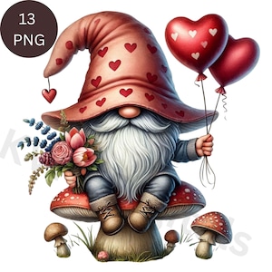 Gnomo de Dia dos Namorados com flores e balões, Clipart de Gnomos de Amor Romântico, 13 Arquivos Digitais PNG para Imprimir, Download Instantâneo de Decorações de Arte de Parede