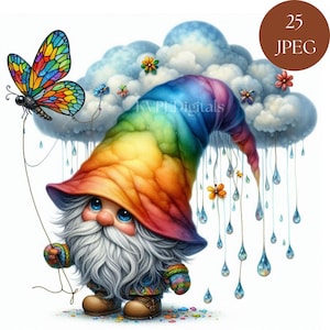 Lot de 25 cliparts gnome nuage pluie printanier, 25 jolis graphiques gnome de printemps pour les jours de pluie, imprimables d'art mural numérique jardin fantastique aquarelle