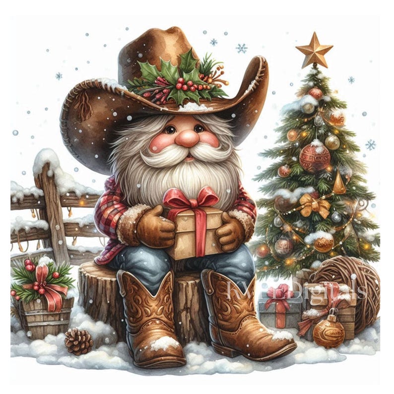 Peut inclure: Illustration fantaisiste d'un P&egrave;re No&euml;l cowboy assis sur une souche d'arbre, tenant un cadeau. Il porte un chapeau de cowboy marron orn&eacute; de houx, une chemise &agrave; carreaux, un jean bleu et des bottes de cowboy. Un sapin de No&euml;l d&eacute;cor&eacute; et des cadeaux sont en arri&egrave;re-plan.