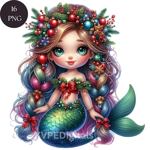Weihnachten Meerjungfrau Clipart Bundle, 16 PNG Aquarell Meerjungfrau, Unterwasser Weihnachtssirene Grafiken, niedliche Weihnachts Clipart Digital Printables