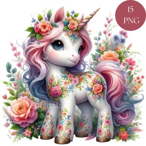 Unicórnio Floral Colorido, Flores de Primavera Bebê Unicórnio, Pacote de Cliparts de Aquarela Fofos, 15 PNG Imprimíveis Digitais Gráficos para Download Instantâneo