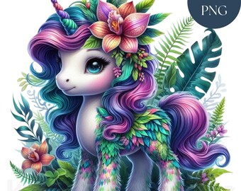 Jungle Unicorn Tropical Rainforest Flora Clipart, 27 Cute PNG Vibrant Colors Printables, Instant Download Digital Wall Art Decor, Scrapbook