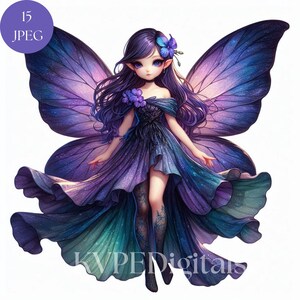 May include: A digital illustration of a fairy with purple hair, large butterfly wings, and a flowing dress in shades of purple and teal. The fairy is adorned with flower accents and has a delicate, ethereal appearance. The image includes the text "15 JPEG" in a purple circle.