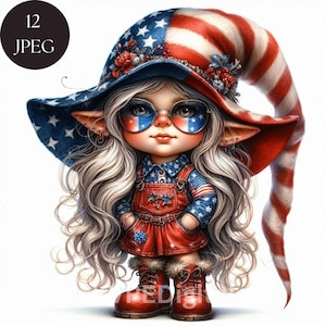 4 juillet fille Gnome Clipart, nain patriotique JPEG, sublimation de la fête de l'indépendance, téléchargement numérique mignon gnome des Etats-Unis, usage commercial Bundle
