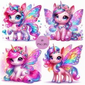 Può includere: Quattro illustrazioni di unicorni fatati. Ogni unicorno ha un corpo rosa, una criniera e una coda colorate e ali iridescenti. Sono adornati con fiori e gemme. L'immagine include il testo "18 PNG-JPG" in un cerchio.