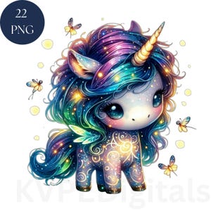 Clipart magique de licorne luciole, 22 PNG lunatique fantaisie bébé licorne imprimables téléchargement immédiat impressions numériques Decor chambres d'enfants