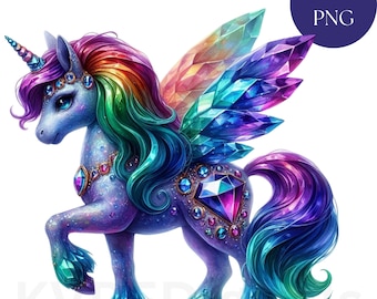 Gemstone Unicorn Crystal Jewels Clipart, 28 PNG Printables, Watercolor Fantasy Digital Wall Art Decor, Instant Download for Commercial Use