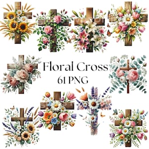 Floral Kreuz Blume Kruzifix Clipart, 61 PNG Christliches Osterkreuz, Aquarell Kreuz Digital Download, Taufe, Hochzeit, religiös