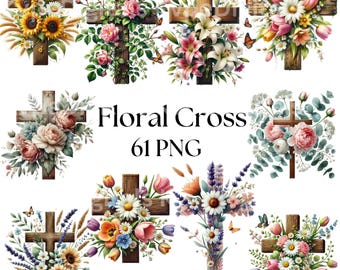 Bloemen kruis bloem kruisbeeld clipart, 61 PNG christelijk paaskruis, aquarel kruis digitale download, doop, bruiloft, religieus