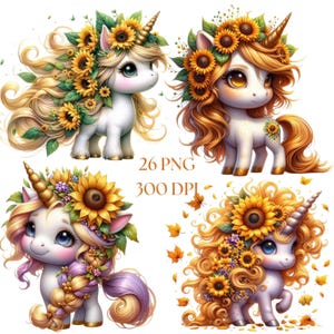 Sonnenblume Einhorn Clipart, 26 niedlichen Floral Fantasy PNG Printables, wunderliche Blume digitale Wand-Kunst-Dekor, sofortiger Download, kommerzielle Nutzung
