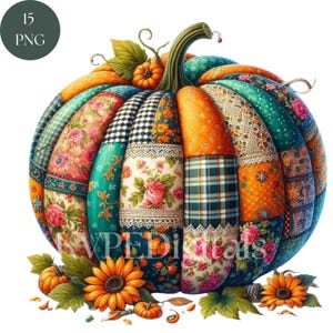 Puede incluir: Ilustración de una calabaza de patchwork colorida. La calabaza está segmentada con varios patrones, incluyendo diseños florales, a cuadros y de encaje en tonos naranja, verde azulado y rosa. Girasoles y pequeñas calabazas rodean la base. Incluye el texto "15 PNG".