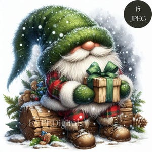 Bundle de cliparts de nain de Noël, sublimation de nain de vacances d'hiver 15 Jpeg, graphismes enneigés aquarelle, utilisation commerciale téléchargements numériques