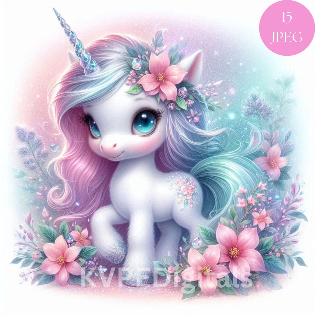 Pastel Baby Unicorn Clipart Bundle, 15 Jpeg Cute Kawaii Chibi Floral ...