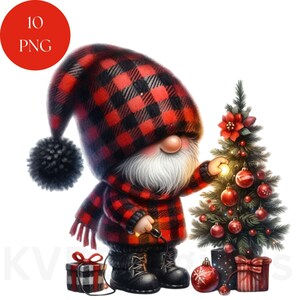 Gnomo navideño de invierno, lindo tema festivo de cuadros escoceses de búfalo, 10 PNG imprimibles, descarga instantánea de arte digital para pared, uso comercial