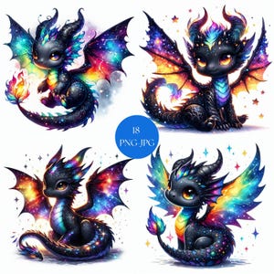 May include: Four digital illustrations of adorable baby dragons with large eyes and colorful wings. The dragons are primarily black with rainbow accents and star-like details. A blue circle with the text "18 PNG-JPG" is in the center.