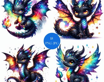 Whimsical Celestial Dragon Clipart, 18 PNG-JPG Cute Black Rainbow Baby Dragon, Scrapbooking  Digital Crafts, Nursery Wall Decor Printable