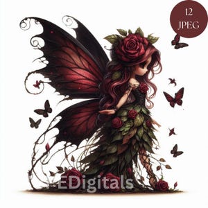 May include: Digital illustration of a fairy with red and black wings, a rose crown, and a dress made of leaves and roses. Butterflies surround the fairy. The image includes the text "12 JPEG" and "EDigitals".