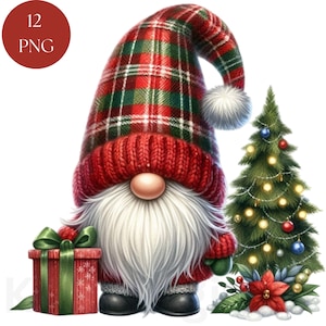 Conjunto de imágenes prediseñadas de sombreros a cuadros de gnomo de invierno navideño con árboles y regalos, 12 imágenes PNG de festividades caprichosas, descarga de arte de pared digital de bricolaje