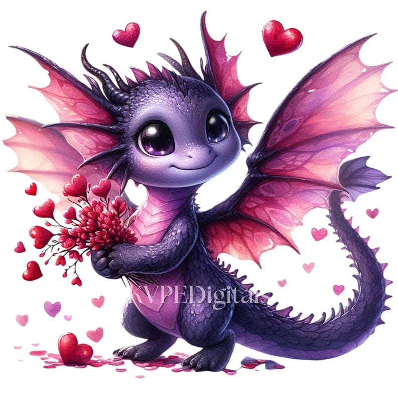 Valentine Dragon Clipart, 15 PNG Purple Love Dragon, Cute Baby Dragon ...