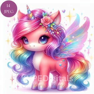 Licorne mignonne fantaisiste, 14 Jpeg licorne féerique colorée, lot de cliparts magique bébé licorne, usage commercial, imprimables art mural numérique