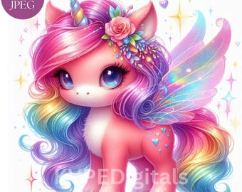 Unicornio adorable y caprichoso, 14 unicornios hada coloridos en formato JPEG, paquete de imágenes prediseñadas de unicornio bebé mágico, uso comercial, imprimibles digitales para pared.
