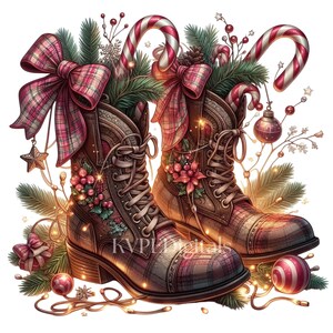 May include: A digital illustration of brown plaid boots decorated for Christmas. The boots are adorned with plaid bows, candy canes, ornaments, and greenery. A string of lights and a small gift box add to the festive holiday theme.