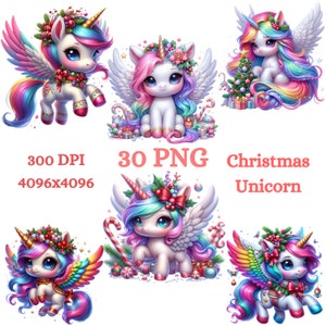 Clipart de unicornio navideño, 30 PNG imprimibles coloridos, descarga instantánea de arcoíris navideños de invierno, decoración digital de pared para bebés, uso comercial