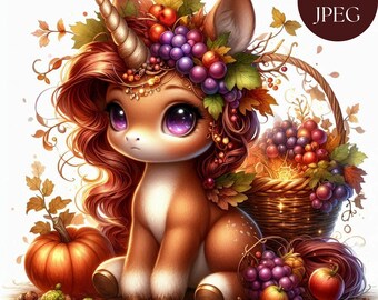 Könnte beinhalten: Ein braunes und weißes Einhorn mit einem Horn und einer Krone aus Herbstblättern, Trauben und Beeren. Das Einhorn sitzt auf einem Bett aus Blättern und Eicheln mit einem Korb voller Trauben und Äpfel daneben.